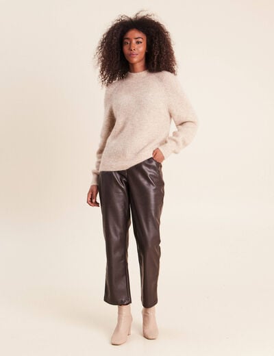 Pull droit col montant manches longues beige femme