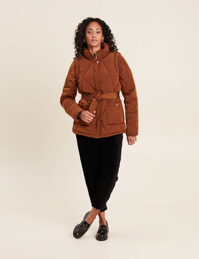 Doudoune déperlante cintrée ceinturée marron femme