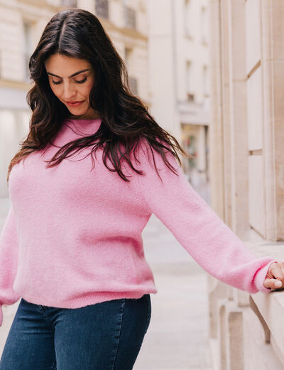 Pull col rond manches longues rose femme