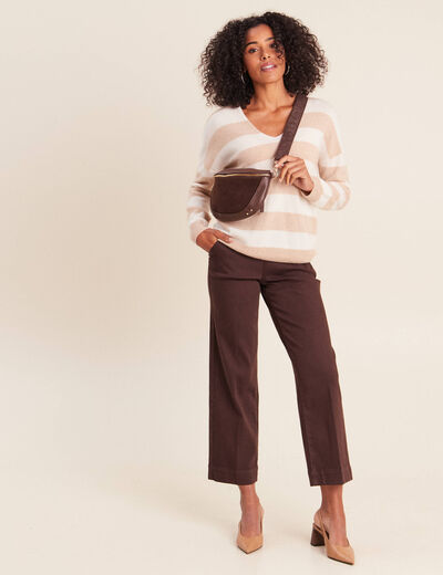 Pull col v beige femme