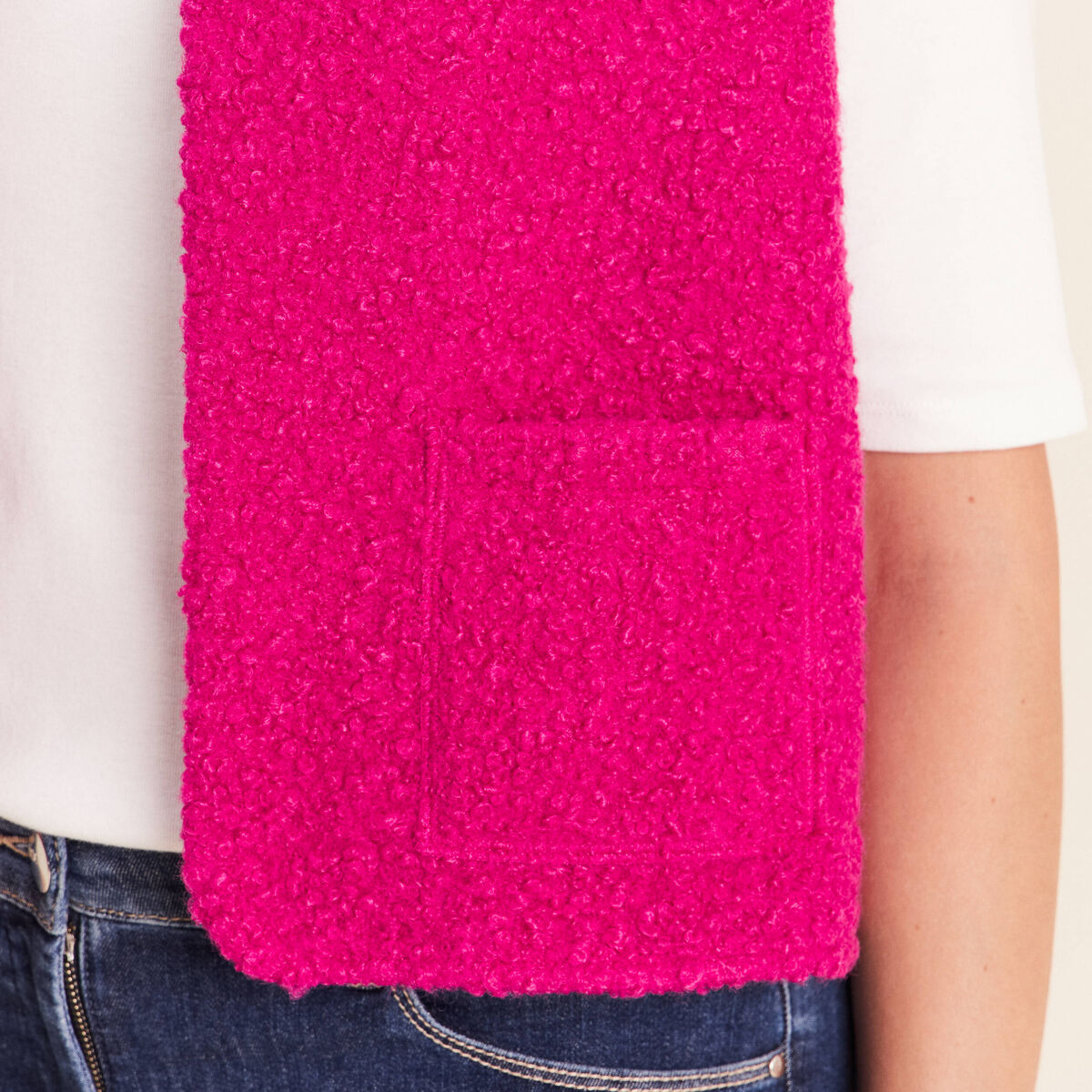 Gilet sans manches bouclette poches rose fushia femme