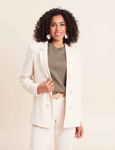 Blazer droit long manches 3/4 doubl&eacute; beige femme