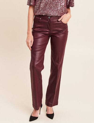 Pantalon enduit coupe large bordeaux femme
