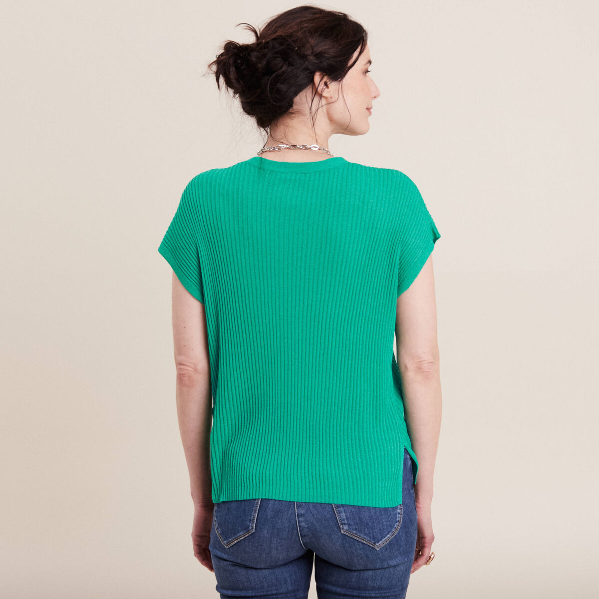 Pull &agrave; manches courtes vert turquoise femme