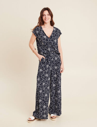 Pantalon large taille haute bleu foncé femme