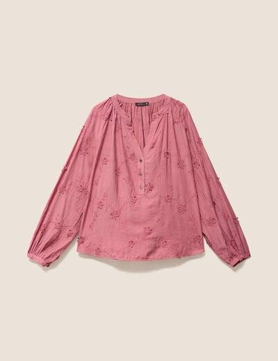 Blouse ample manches longues brod&eacute;e mauve femme