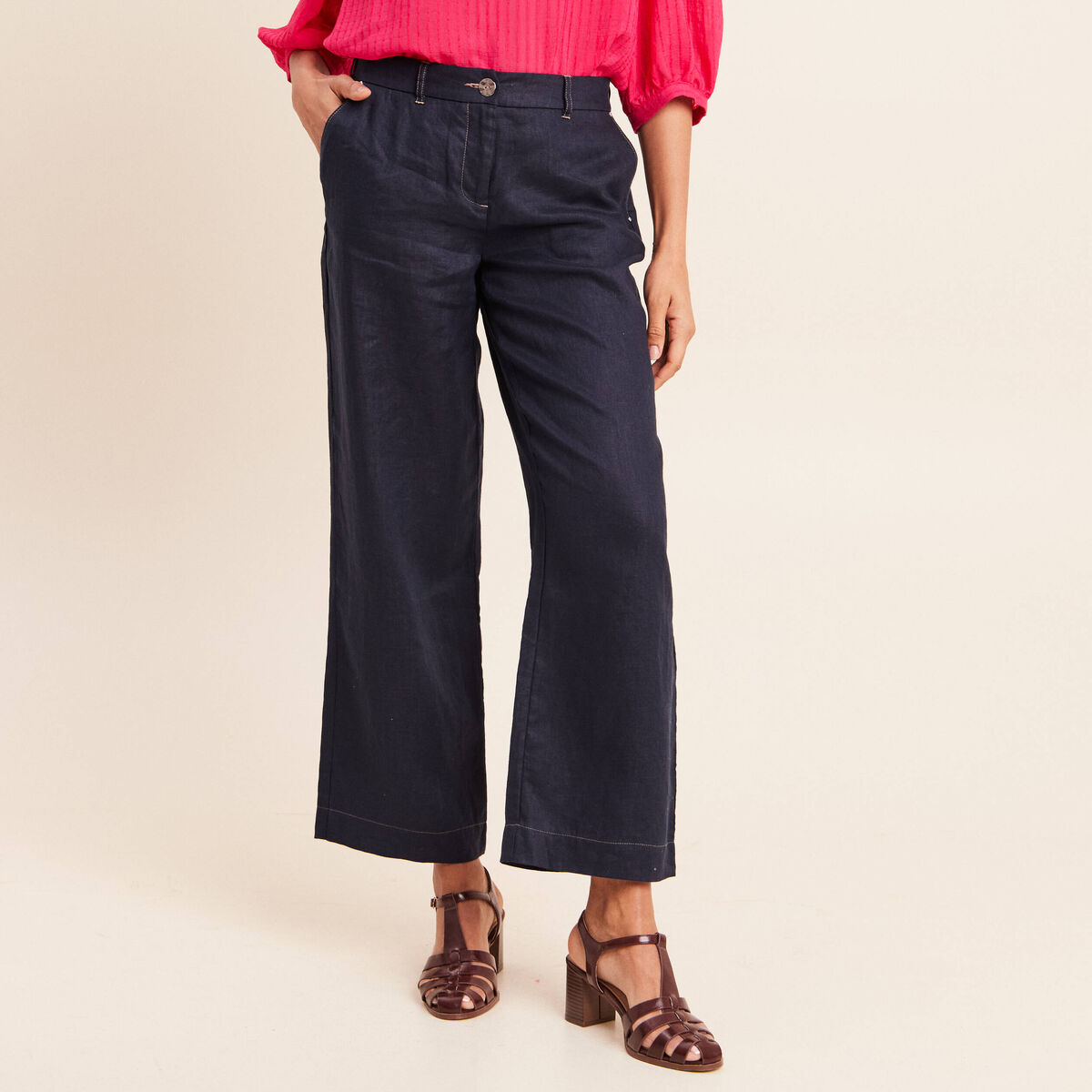 Pantalon large taille standard bleu fonc&eacute; femme