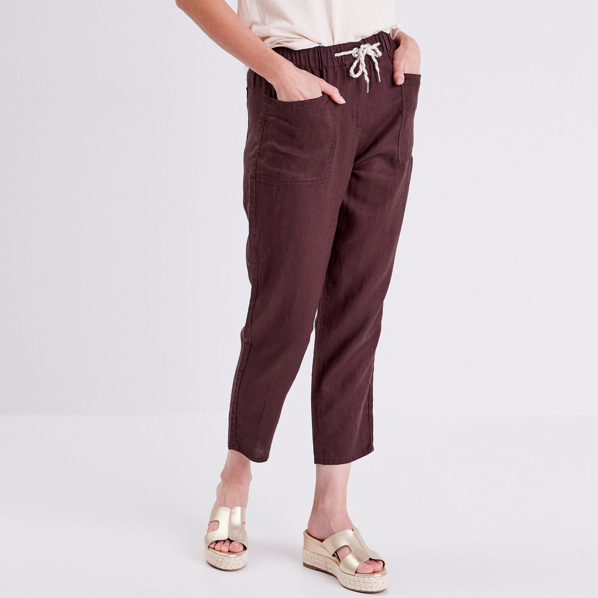 Pantalon battle en lin marron fonc&eacute; femme