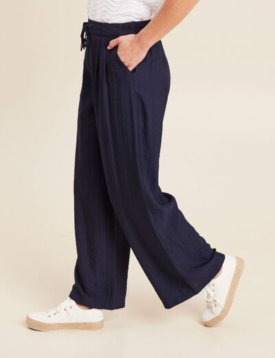Pantalon fluide taille haute bleu marine femme