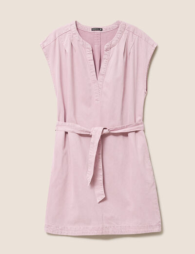 Robe courte ceintur&eacute;e col tunisien rose femme