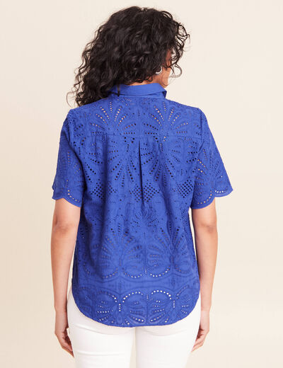 Chemise manches courtes brod&eacute;e bleu fonc&eacute; femme