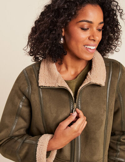 Manteau cintr&eacute; mi-long vert kaki femme