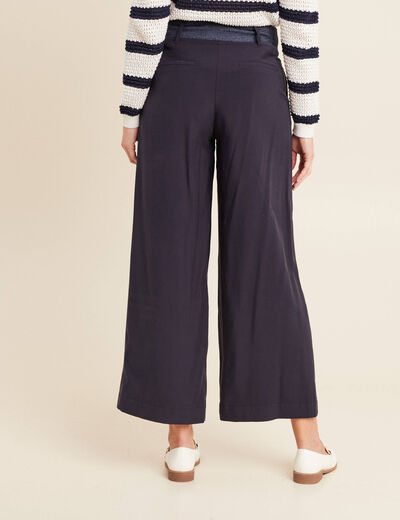 Pantalon large ceinturé bleu foncé femme
