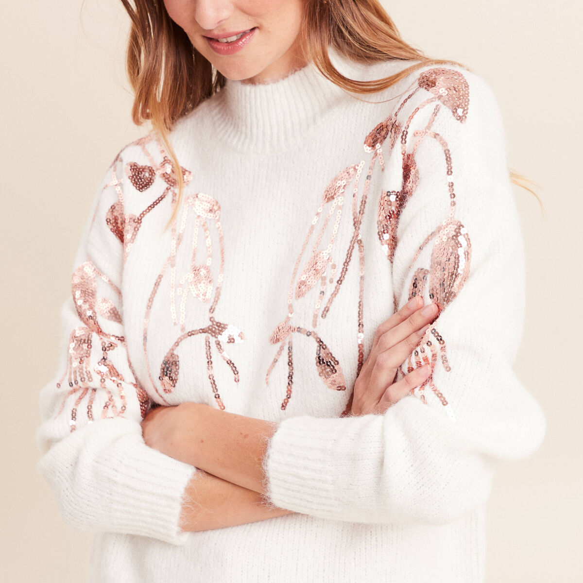 Pull col rond manches longues sequins ecru femme