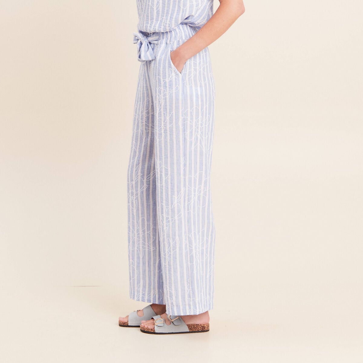 Pantalon large taille haute bleu femme