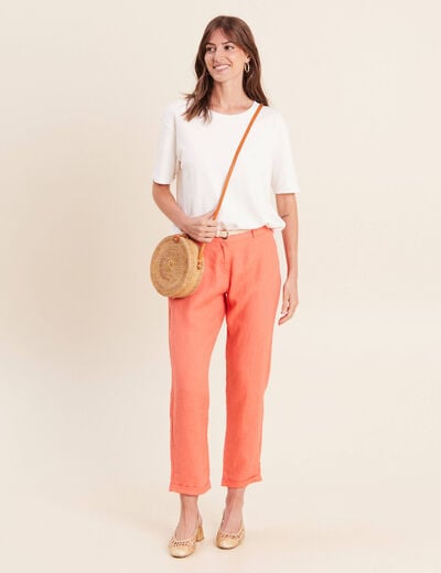 Pantalon coupe chino en lin ceintur&eacute; orange fluo femme