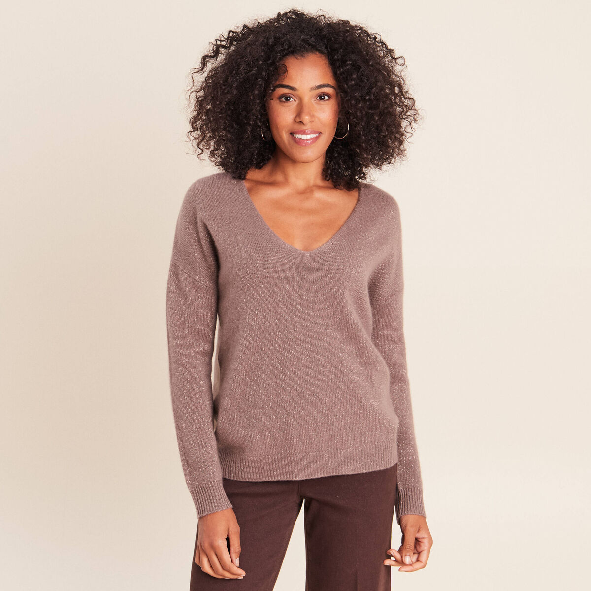 Pull en cachemire col v couleur cuivre femme