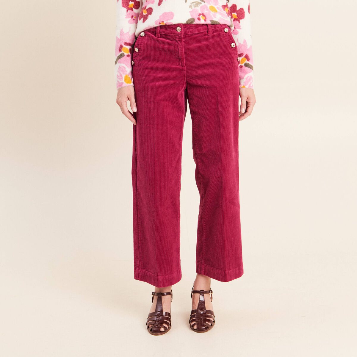 Pantalon large velours c&ocirc;tel&eacute; rouge fonc&eacute; femme