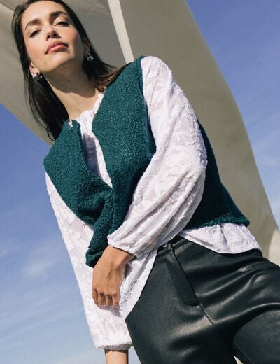 Gilet sans manches bouclette poches vert fonc&eacute; femme