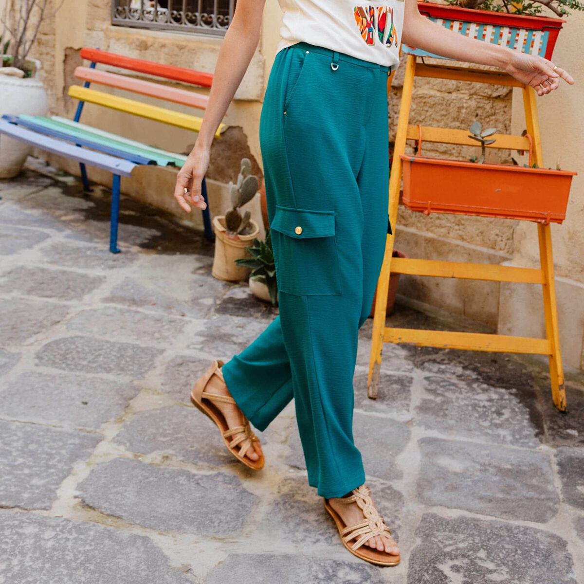 Pantalon flou cargo 7/8&egrave;me vert femme