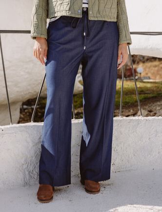 Pantalon coupe large taille haute fluide denim brut femme