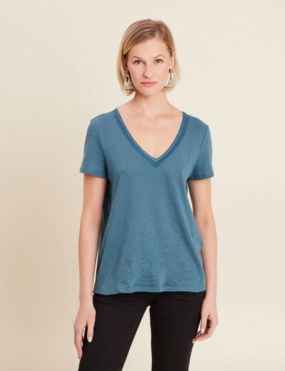 T-shirt manches courtes col en V bleu pétrole femme