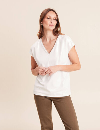 T-shirt col V manches courtes ecru femme