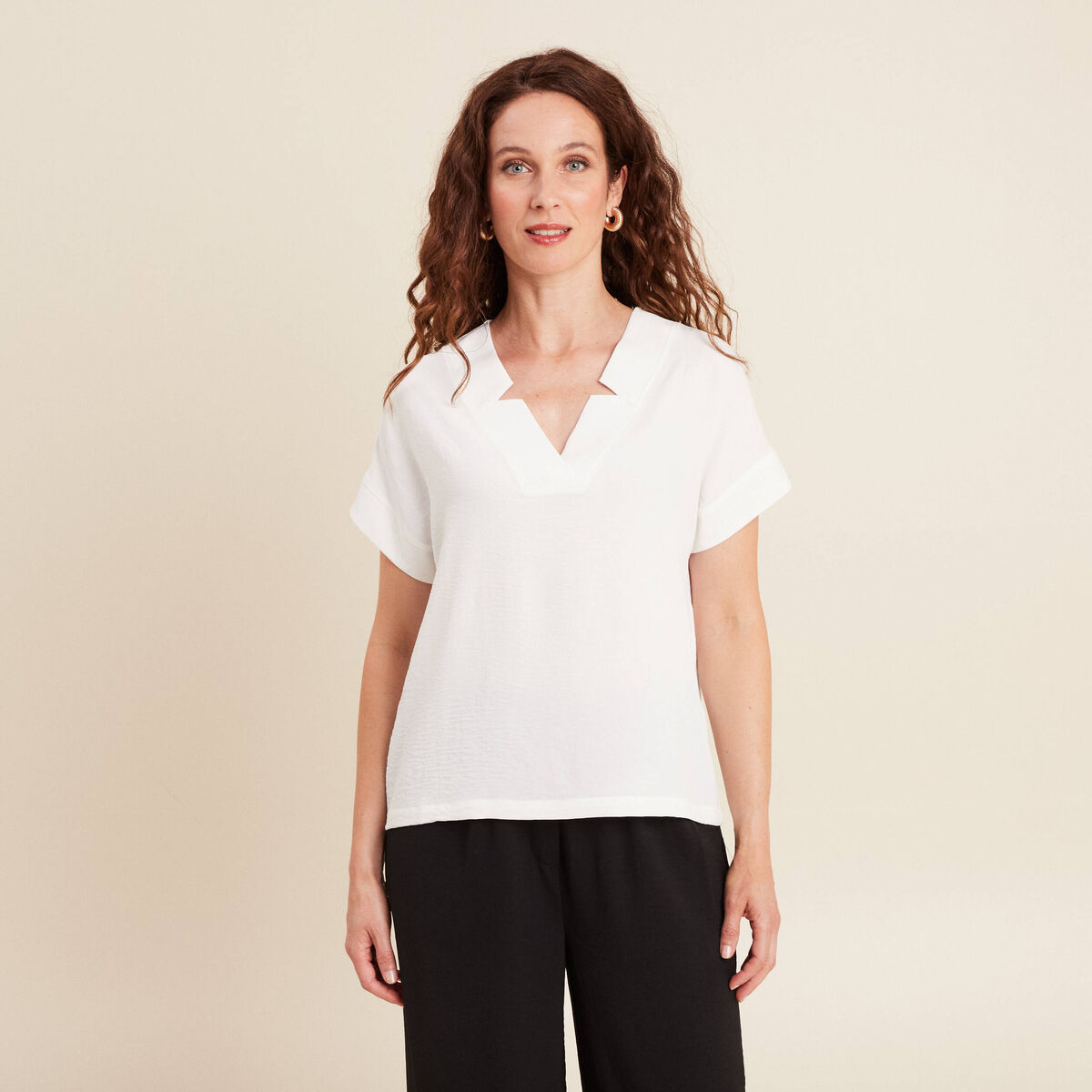 Blouse fluide manches courtes ecru femme