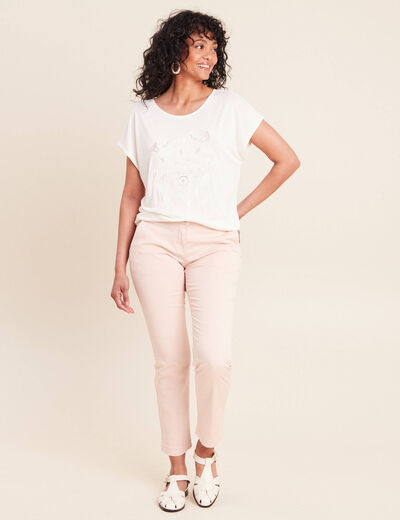 T-shirt col rond manches courtes brod&eacute; ecru femme