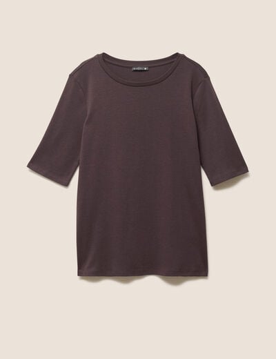 T-shirt ajust&eacute; col rond manches coudes marron fonc&eacute; femme