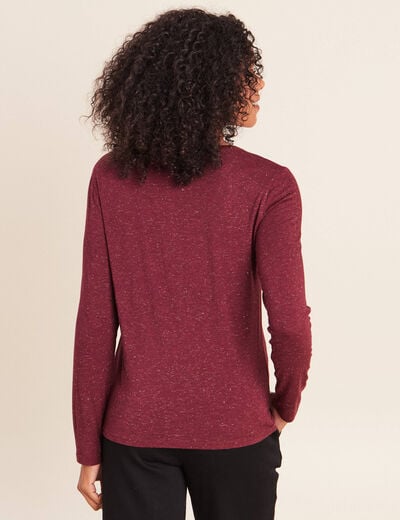T-shirt ajust&eacute; col v manches longues bordeaux femme