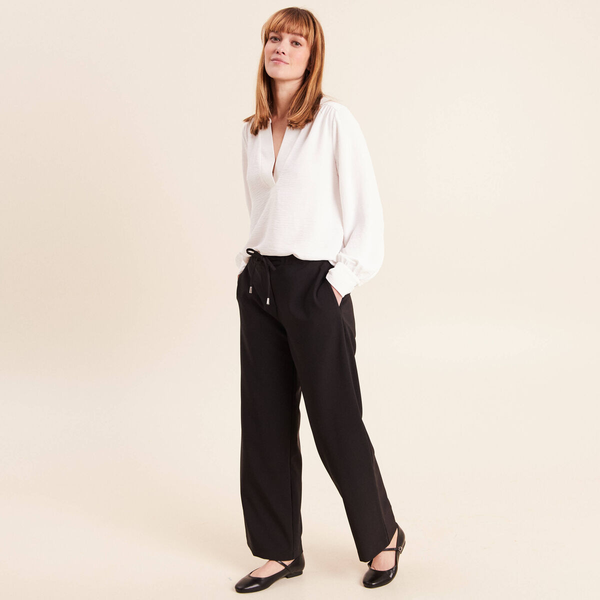 Pantalon fluide large taille haute noir femme