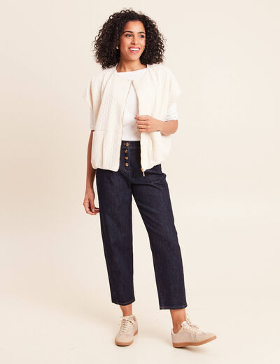 Veste col rond manches courtes doubl&eacute;e ecru femme