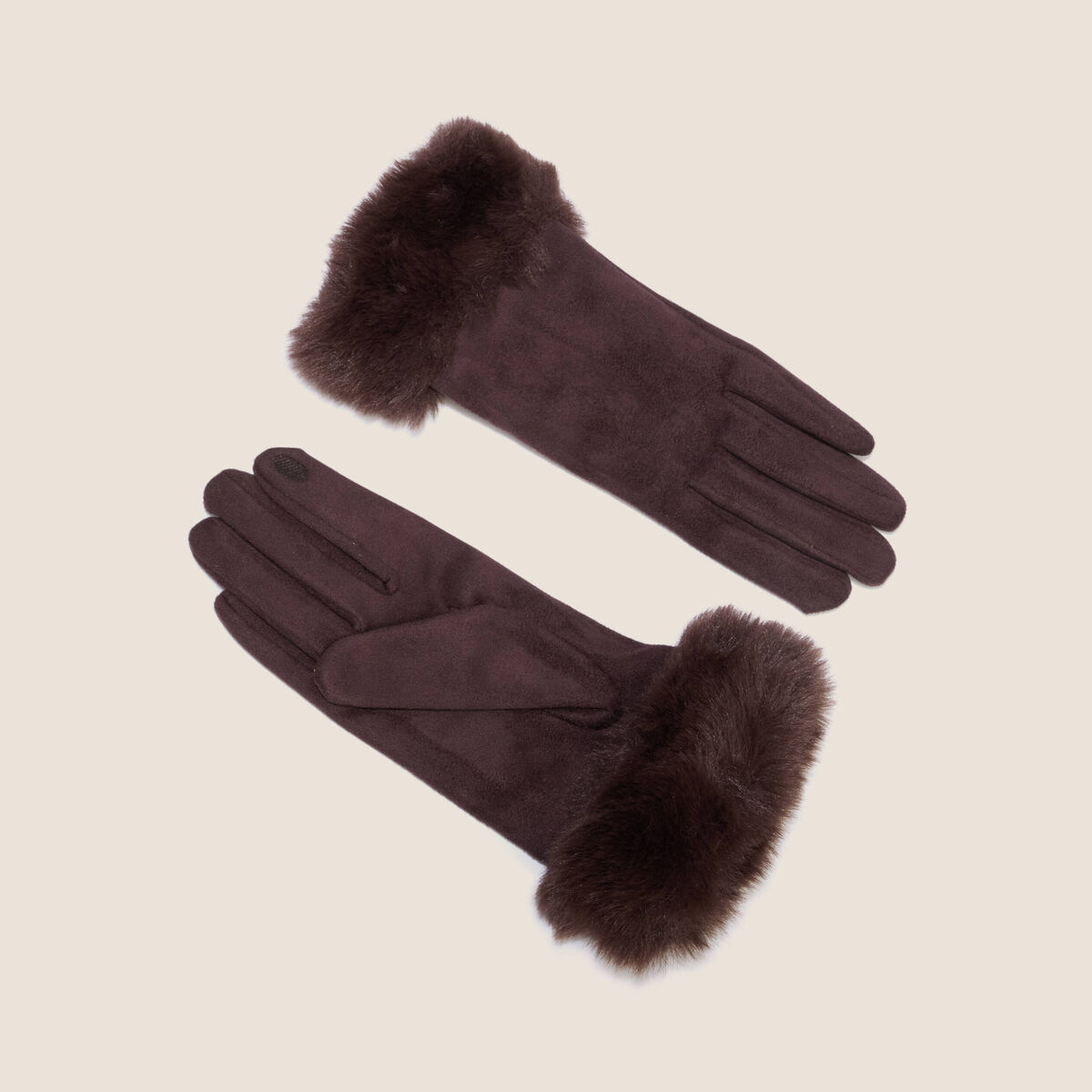 Gants en fausse fourrure marron fonc&eacute; femme