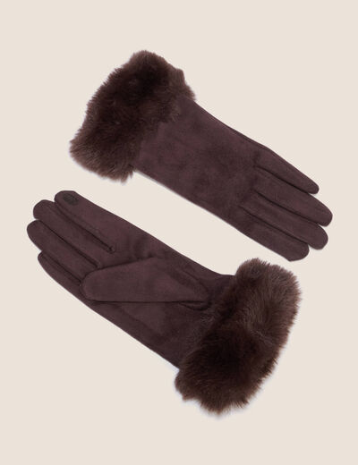 Gants en fausse fourrure marron fonc&eacute; femme