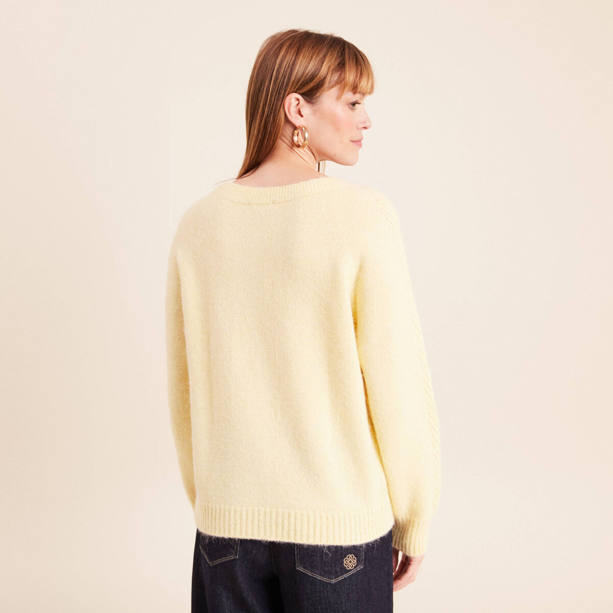 Gilet manches longues col rond jaune pastel femme