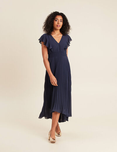 Robe longue évasée à volants bleu marine femme