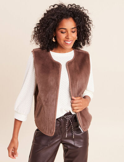 Veste sans manches sans col marron fonc&eacute; marron femme