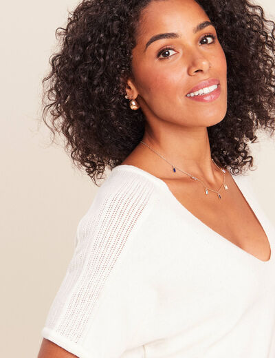 Pull droit col v manches courtes ecru femme