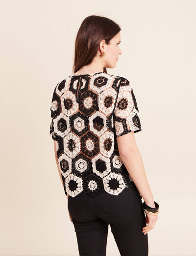 Blouse col rond manches courtes dentelle ecru femme