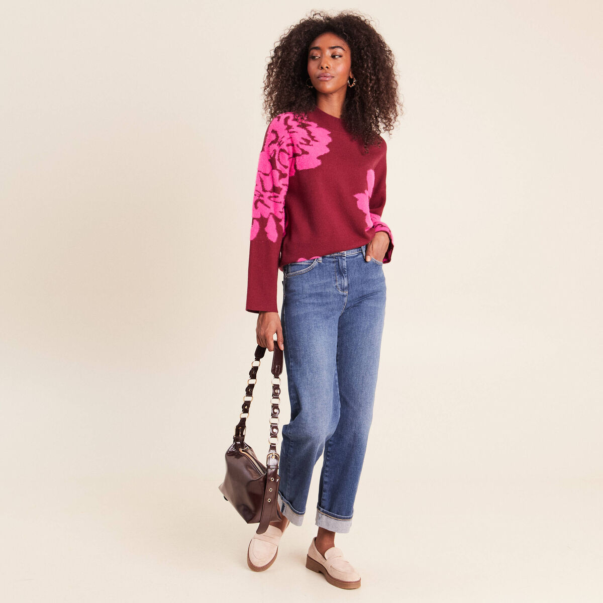 Pull col montant bordeaux femme