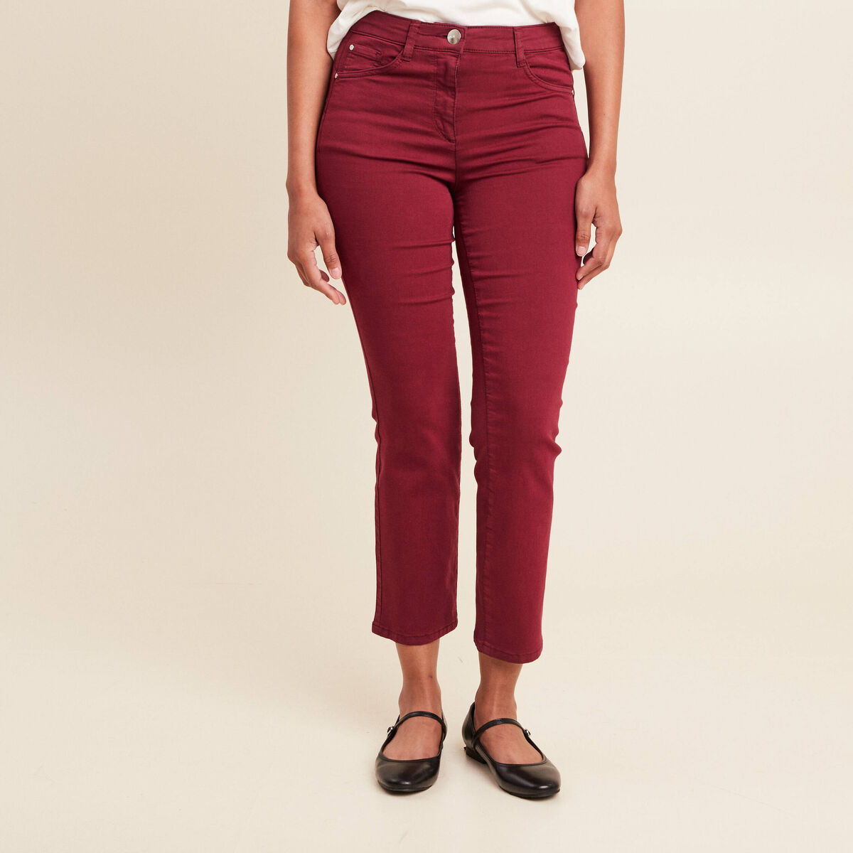 Pantalon droit taille haute 7/8ème bordeaux femme