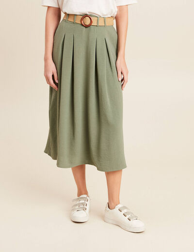 Jupe longue évasée ceinturée vert kaki femme