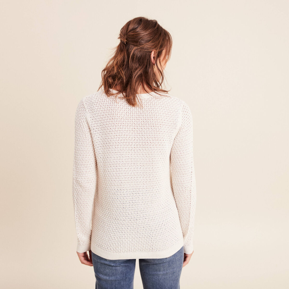 Pull manches longues col en V ecru femme