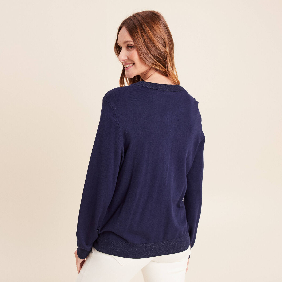 Gilet droit mi-long manches longues bleu marine femme