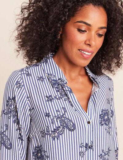 Chemise droite manches longues bleu fonc&eacute; femme