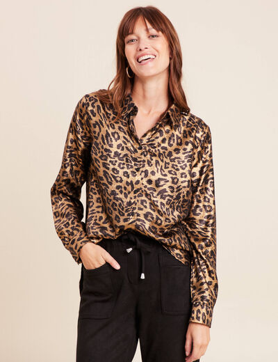 Chemise droite mi-longue brillante noir femme