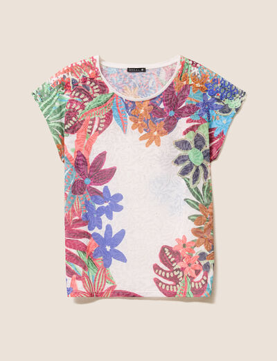 T-shirt droit col rond manches courtes ecru femme