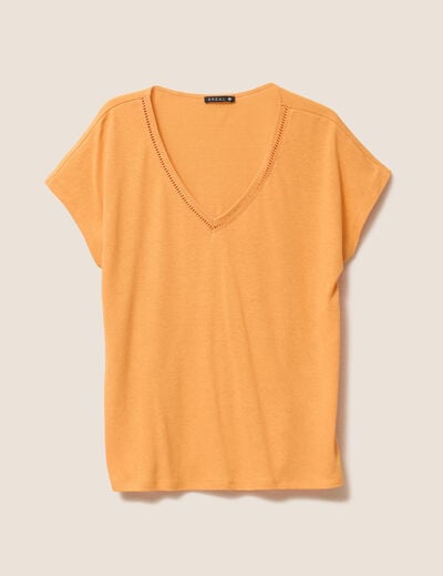 T-shirt col v manches courtes aspect lin orange clair femme