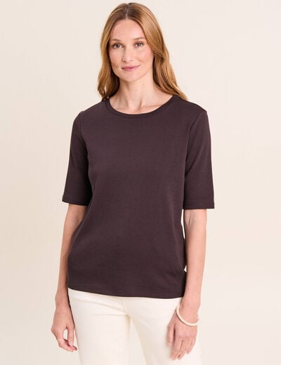 T-shirt ajust&eacute; col rond manches coudes marron fonc&eacute; femme